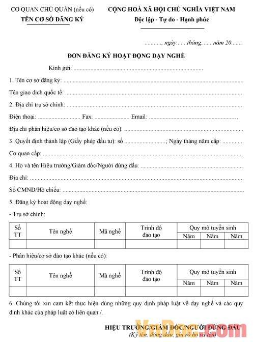 Mẫu đơn đăng ký hoạt động dạy nghề