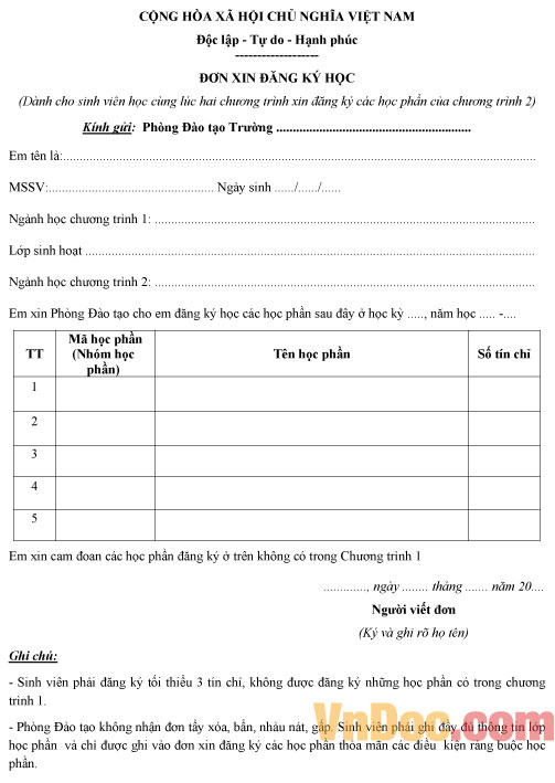 Mẫu đơn đăng ký học chương trình thứ hai