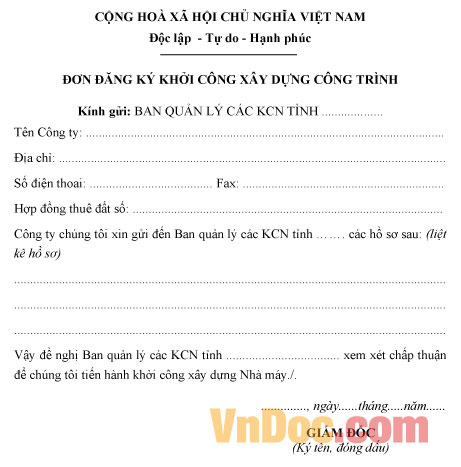 Mẫu đơn đăng ký khởi công xây dựng công trình