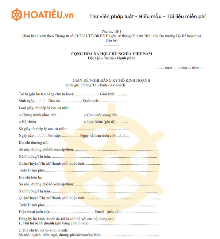 Giấy đề nghị đăng ký Hộ kinh doanh - Phụ lục III-1