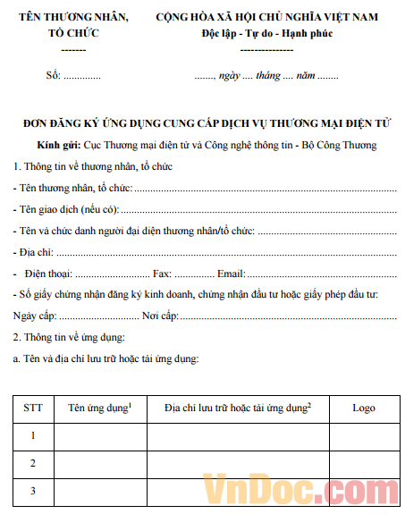 Đơn đăng ký ứng dụng cung cấp dịch vụ thương mại điện tử