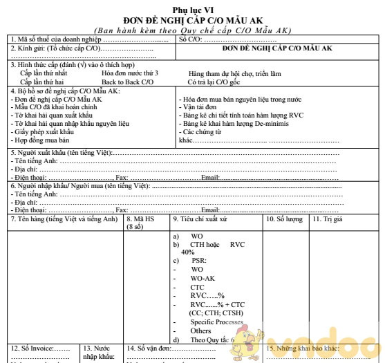 Đơn đề nghị cấp C/O mẫu AK