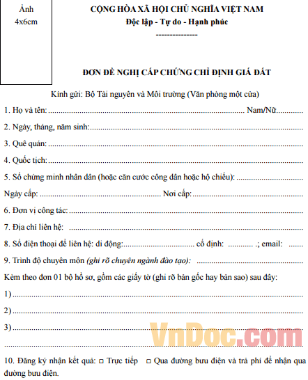 Hồ sơ đề nghị cấp Chứng chỉ định giá đất