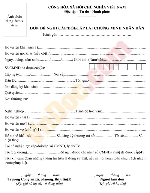 Đơn đề nghị cấp, đổi, cấp lại chứng minh nhân dân