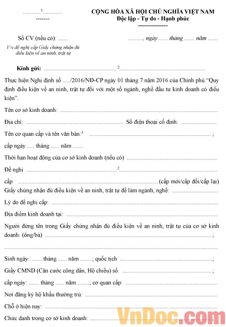 Đơn đề nghị cấp giấy chứng nhận đủ điều kiện an ninh, trật tự
