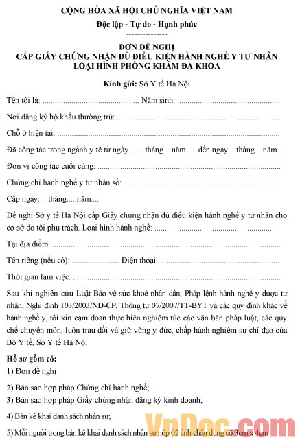 Mẫu đơn đề nghị cấp giấy chứng nhận đủ điều kiện hành nghề y tư nhân đối với phòng khám đa khoa