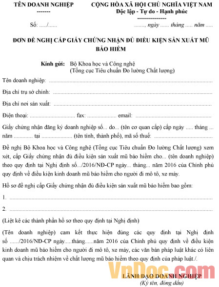 Đơn đề nghị cấp giấy chứng nhận đủ điều kiện sản xuất mũ bảo hiểm