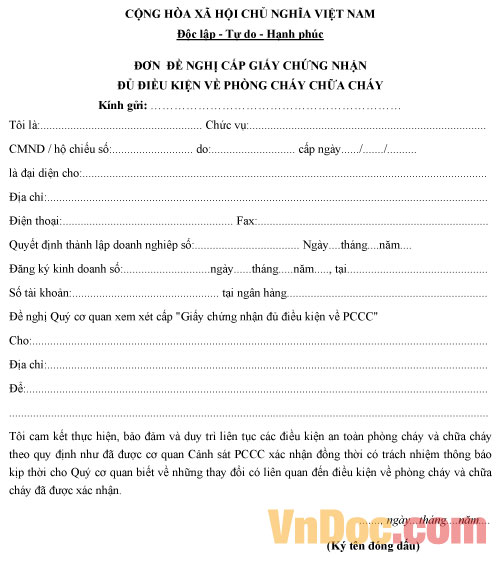 Mẫu đơn đề nghị cấp giấy chứng nhận đủ điều kiện về phòng cháy chữa cháy