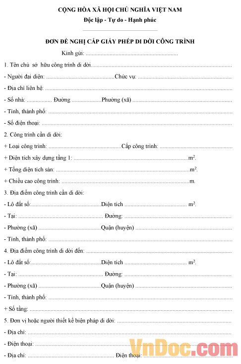 Mẫu đơn đề nghị cấp giấy phép di dời công trình