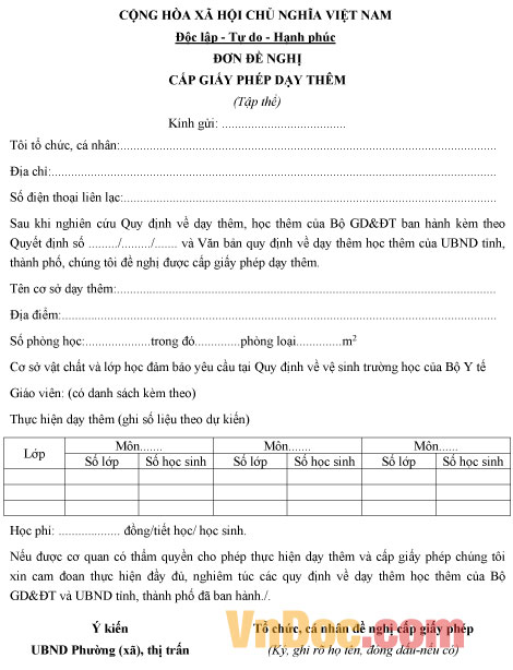 Mẫu đơn đề nghị cấp phép dạy thêm