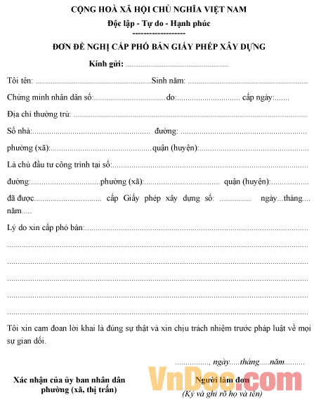 Mẫu đơn đề nghị cấp phó bản giấy phép xây dựng