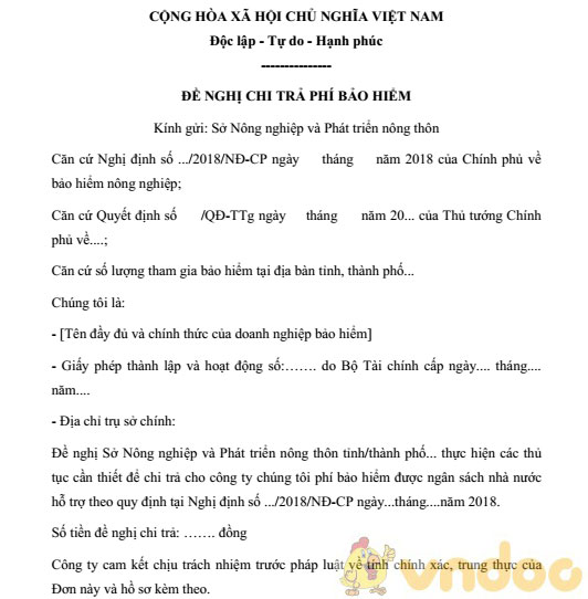 Đơn đề nghị chi trả phí bảo hiểm nông nghiệp