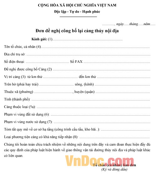 Mẫu đơn đề nghị công bố lại cảng thủy nội địa