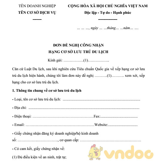 Đơn đề nghị công nhận hạng cơ sở lưu trú du lịch