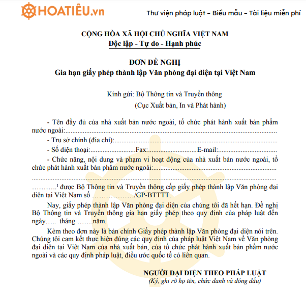 Đơn đề nghị gia hạn giấy phép thành lập Văn phòng đại diện tại Việt Nam