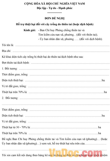 Đơn đề nghị hỗ trợ thiệt hại đối với cây trồng do thiên tai