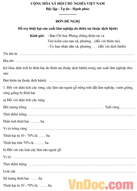 Đơn đề nghị hỗ trợ thiệt hại sản xuất lâm nghiệp do thiên tai