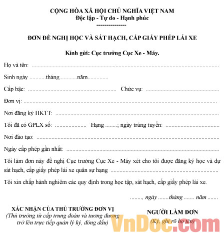 Đơn đề nghị học và sát hạch, cấp giấy phép lái xe quân sự