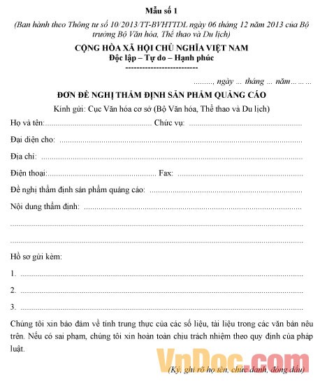 Đơn đề nghị thẩm định sản phẩm quảng cáo