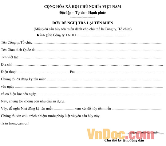 Mẫu đơn đề nghị trả lại tên miền