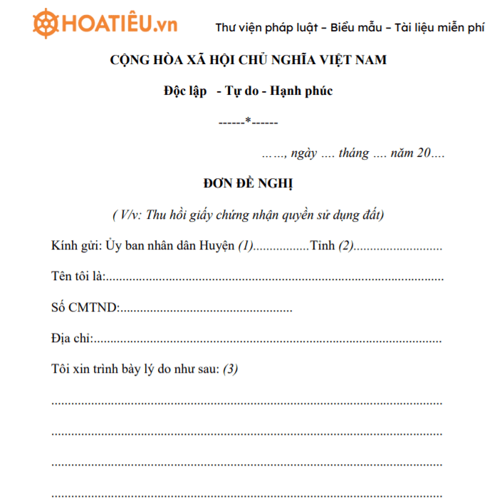 Đơn đề nghị về việc thu hồi giấy chứng nhận quyền sử dụng đất