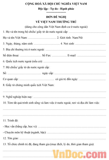 Mẫu đơn đề nghị về Việt Nam thường trú