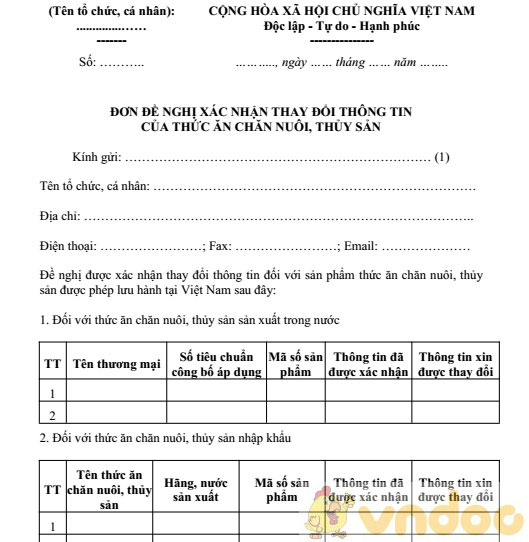 Đơn đề nghị xác nhận thay đổi thông tin của thức ăn chăn nuôi, thủy sản