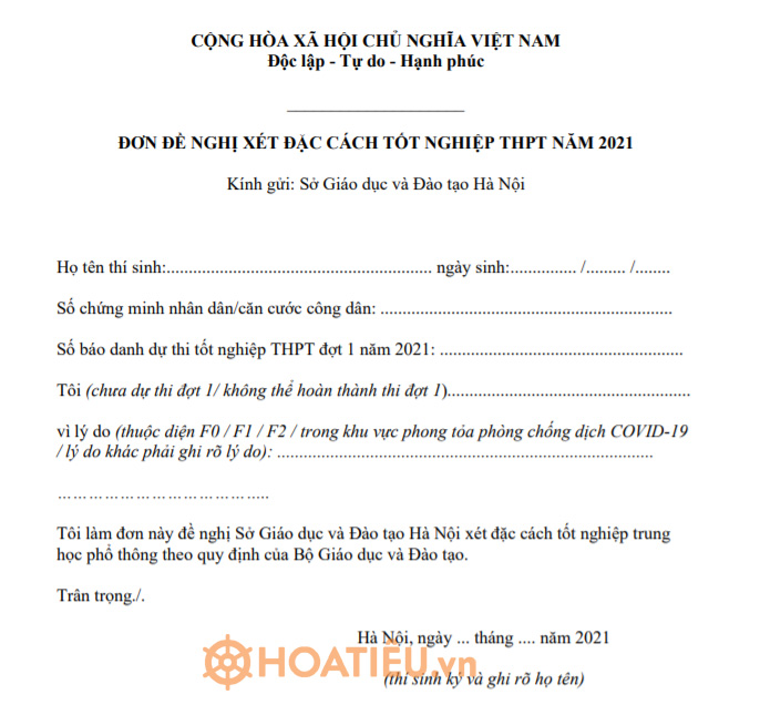 Đơn đề nghị đặc cách tốt nghiệp THPT 2021