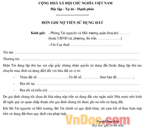 Mẫu đơn ghi nợ tiền sử dụng đất