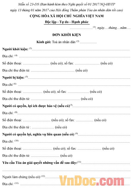Mẫu số 23-DS: Đơn khởi kiện vụ án dân sự