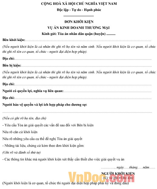 Đơn khởi kiện vụ án kinh doanh thương mại