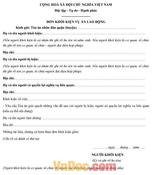 Mẫu đơn khởi kiện vụ án lao động