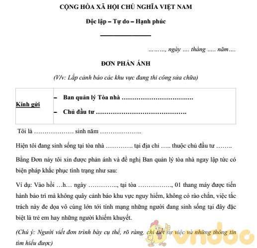 Đơn phản ánh với Ban quản lý tòa nhà