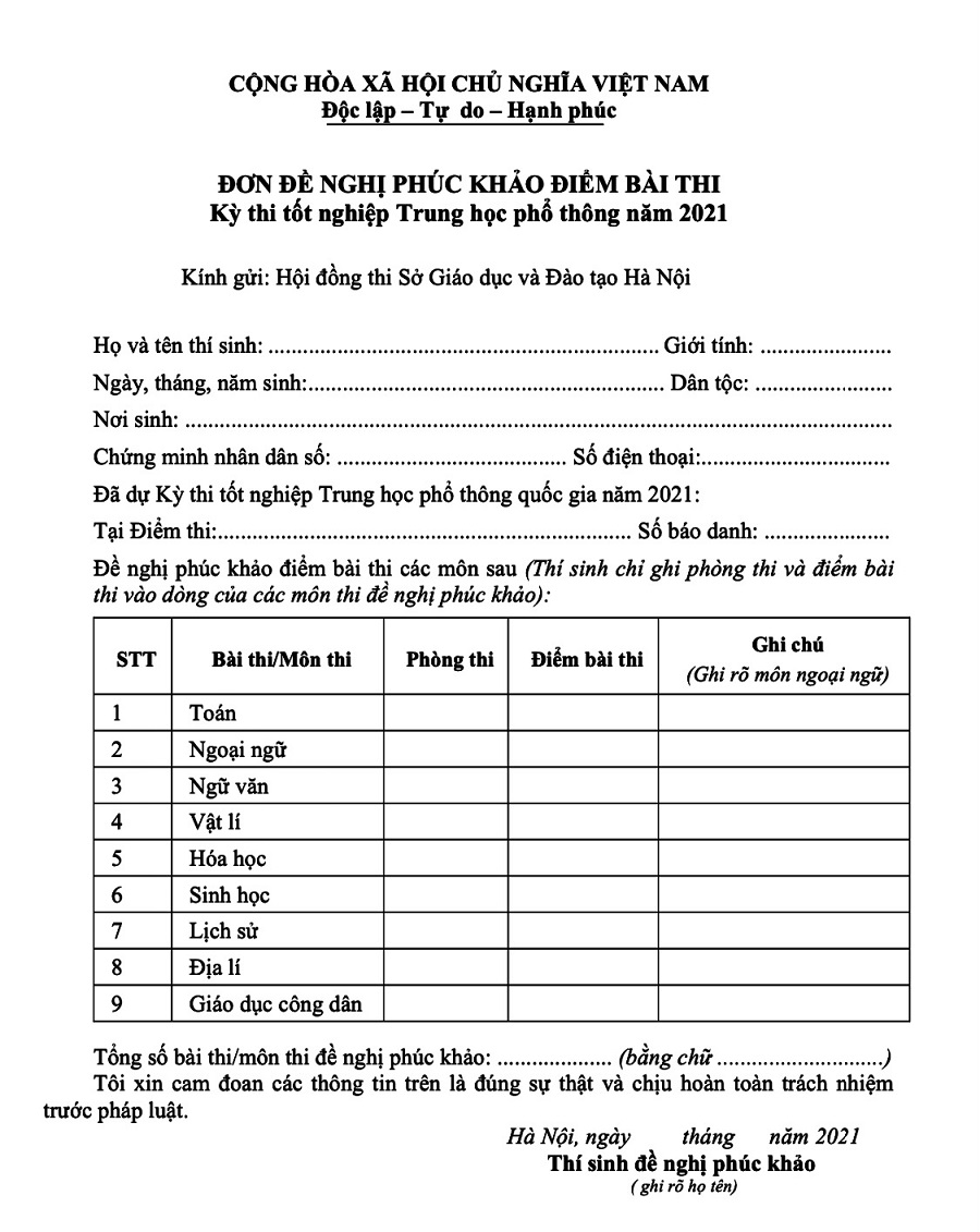 Đơn xin phúc khảo bài thi tốt nghiệp THPT Hà Nội