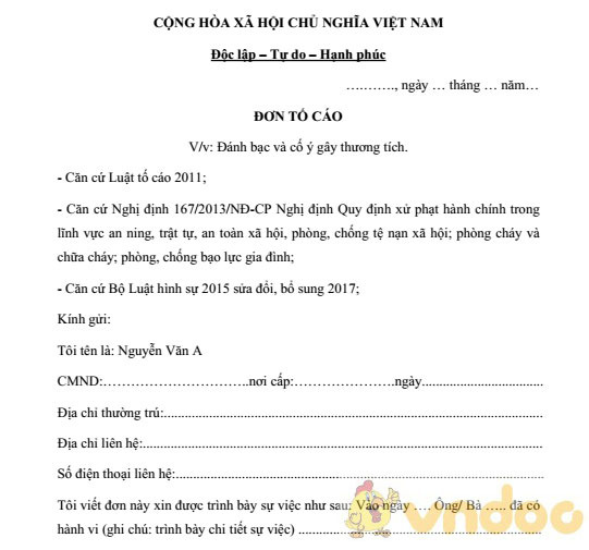 Đơn tố cáo hành vi đánh bạc và cố ý gây thương tích