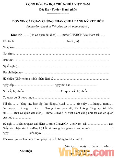 Đơn xin cấp giấy chứng nhận chưa đăng ký kết hôn