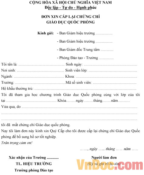 Đơn xin cấp lại chứng chỉ giáo dục quốc phòng