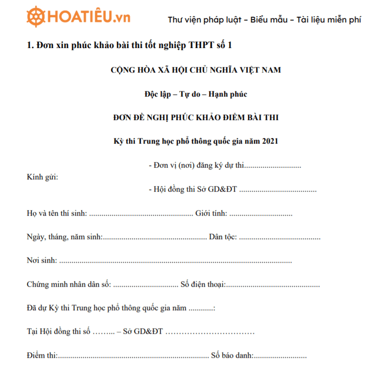 Đơn xin phúc khảo bài thi tốt nghiệp THPT