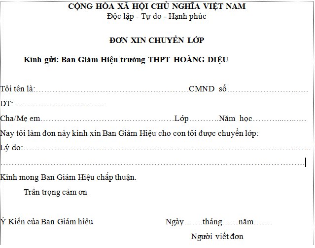 Mẫu đơn xin chuyển lớp