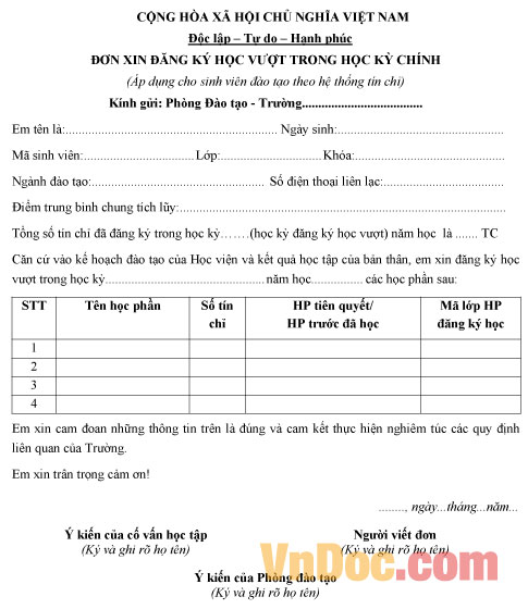 Mẫu đơn xin đăng ký học vượt
