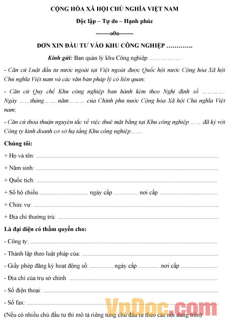 Mẫu đơn xin đầu tư vào khu công nghiệp