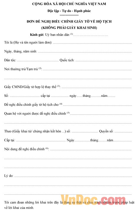 Mẫu đơn xin điều chỉnh hộ tịch