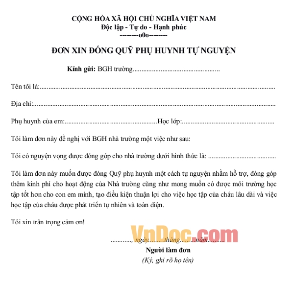 Đơn xin đóng quỹ phụ huynh tự nguyện