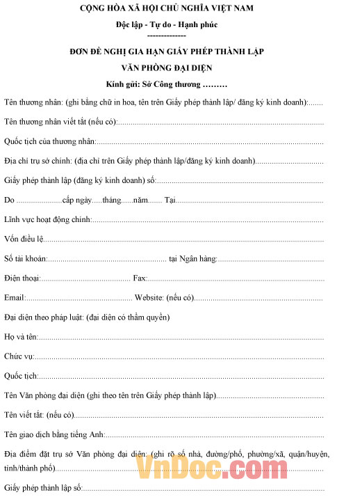 Mẫu đơn xin gia hạn giấy phép hoạt động văn phòng đại diện