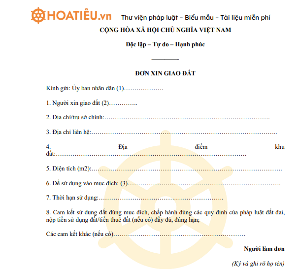 Mẫu đơn xin giao đất mới nhất