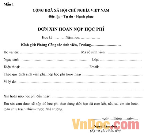 Mẫu đơn xin hoãn nộp học phí