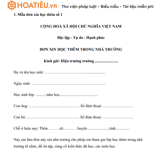 Mẫu đơn xin học thêm