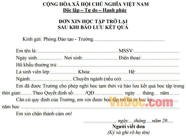 Đơn xin học tập trở lại sau khi bảo lưu