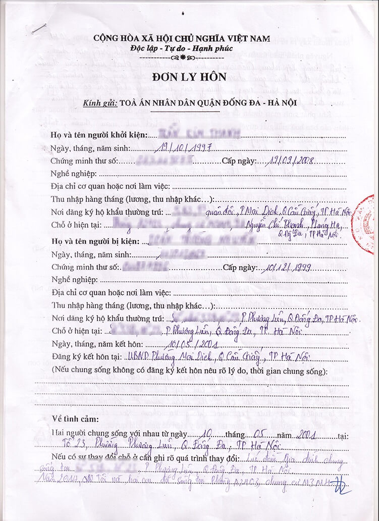 Đơn ly hôn viết tay