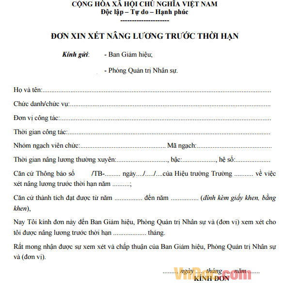 Đơn xin nâng lương trước thời hạn